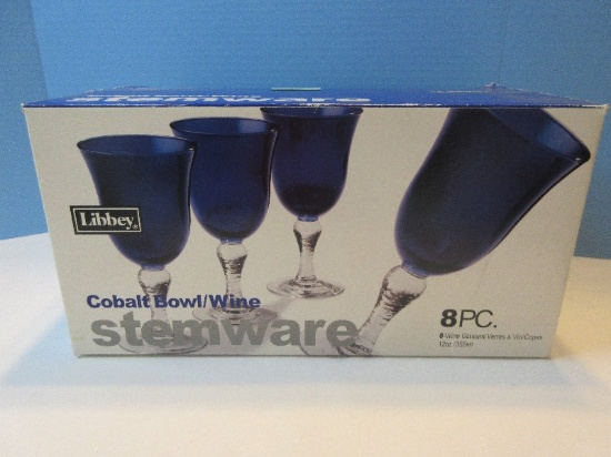 Set - 8 Libbey Cobalt Bowl Clear Wine Stemware Goblets Glasses 12oz. In Original Box