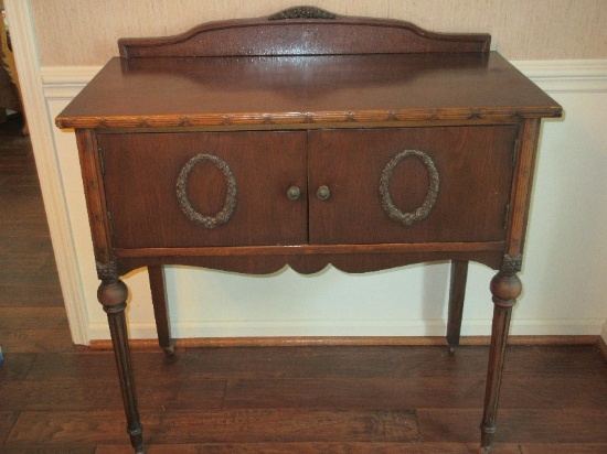 Stylish Antique Walnut Sheraton Style Side Server Buffet Floral Swag Backsplash