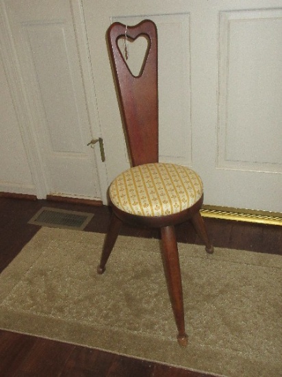 Vintage Pine Three Legged Spinning Stool w/ Back Cutout Handle & Upholstered Seat