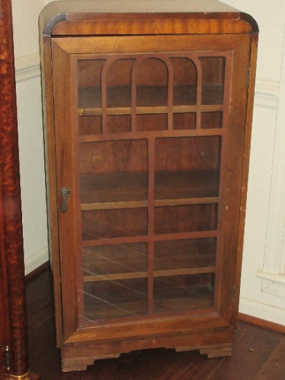 Walnut Art Deco Style Curio Cabinet/Bookcase w/ Fretwork Design Glass Pane Door