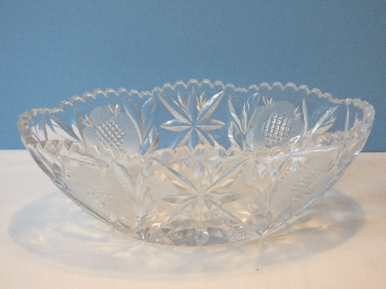 Lead Crystal 10 3/8" Oval Serving Bowl Etched Stem Flowers & Star Design