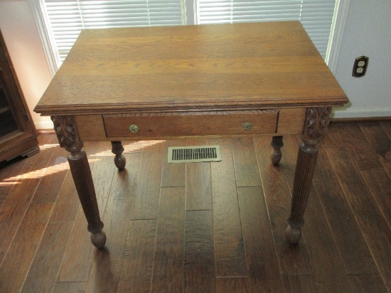 Antique Oak Library Desk w/ Dovetail Drawer on Reeded Legs & Foliage Accent