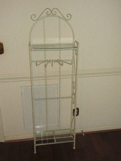 Bakers Rack w/ 5 Swivel Arm Towel Bars/Pots & Pants, Glass Shelves, Scrollwork Design