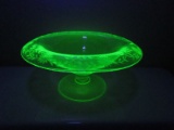 Rare Find Depression Topaz Vaseline Glass Rolled Edge Compote Etched Flowering Vine