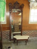 Grandiose Antique Hall Victorian East Lake Walnut & Burl Pier Mirror w/ Marble Base