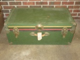 Vintage Foot Locker Trunk w/ Insert Tray Green w/ Yellow/Red Stripe