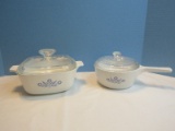 4 Pieces Corningware Casserole Blue Cornflower Pattern 1 1/2qt. & Skillet w/ Handle 1 1/2 Pint