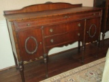 Regal Antique Sheraton Style Walnut Buffet Floral Swag Backsplash