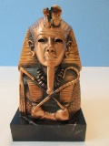 Figural Egyptian King Tutankhamun Death Mask Replica Pharaoh Mask Bust on Marble Base