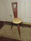 Vintage Pine Three Legged Spinning Stool w/ Back Cutout Handle & Upholstered Seat