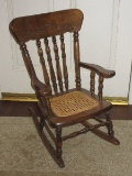 Antique Childs Pressed Back Spindle Arm Rocking Chair Rocker w/ Woven Cane Seat