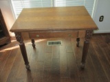 Antique Oak Library Desk w/ Dovetail Drawer on Reeded Legs & Foliage Accent