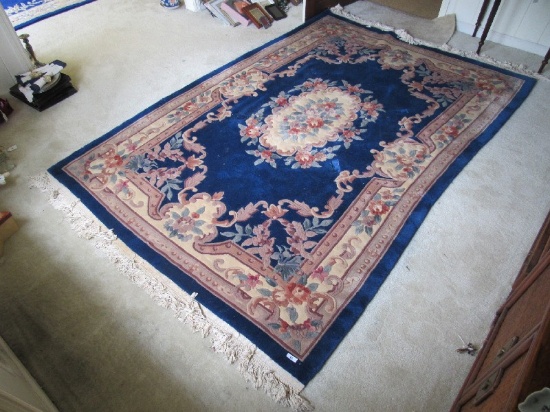 Blue & Colorful Flower Pattern Floor Rug w/ Tassel Trim