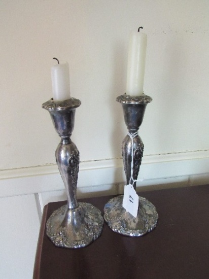 "Baroque" by Wallace Pair 750 Sterling/Metal Ornate Scroll Pattern Candlesticks w/ Candles