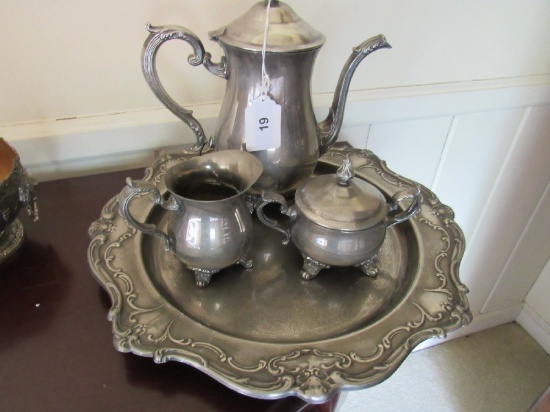 Gorham EP Silverplate Scroll Engraved/Band Carafe, Sugar/Creamer w/ Platter