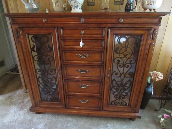 Tommy Bahama Lighted Mahogany Wooden Tall Lighted Chest Cabinet, Arch Columns
