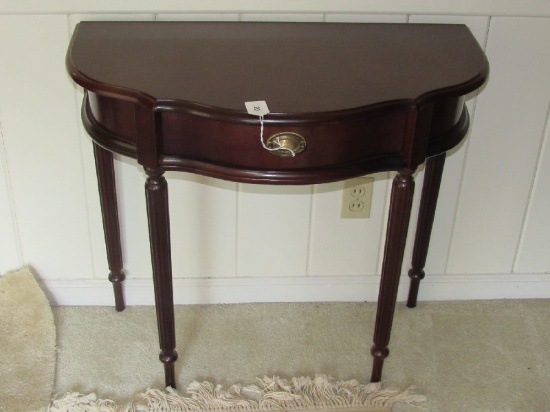 Tall Wooden Half Moon Table 1 Drawer, Hepplewhite Pull w/ Grooved to Narrow Feet