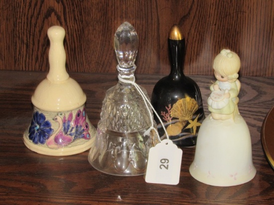 4 Bell Décor - Enesco "Natter Sew Dear", Crystal Glass, Gilted Shell, Blue Flower/Peacock