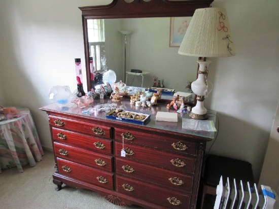 Cherry Veneer Wooden Vanity 8 Dovetailed Drawers, Glass Top, Petal Brass Pulls