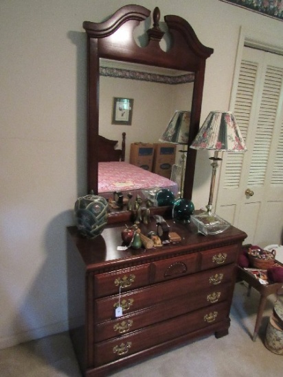 Wooden 3 Drawer Vanity by Lea, Tall Back Mirror, Arch Pediment w/ Urn Finial Center