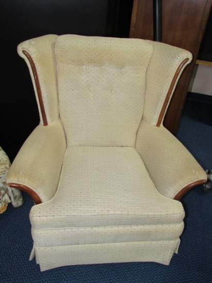 Phil Byrds Upholstered Tan & Spot Upholstered Patterned Armchair, Wood Trim, Pin Back