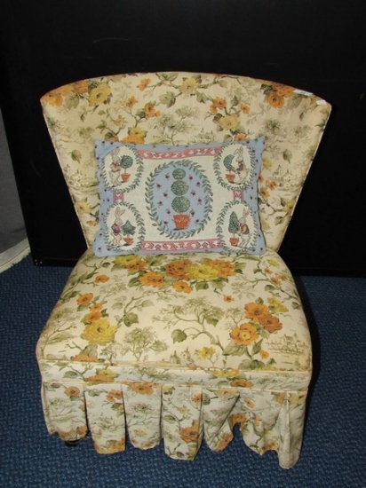 Floral Upholstered Curved Back Side/Parlor Chair w/Wooden Legs, Pillow