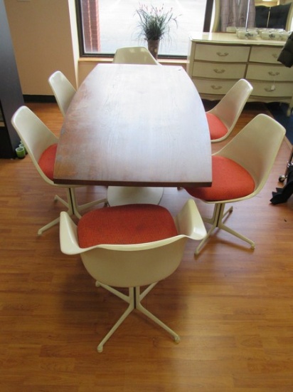 Vintage Mid Century Modern 6 Burke Tulip Style Swivel Chairs with White Tulip Metal Base Table