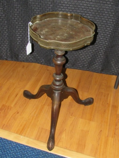Vintage Dark Wooden Spindle Stem, Curved Feet, Vase Stand w/ Metal Trim Top