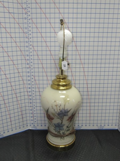 Tall Glass Urn Body White Lamp w/Gilded Floral Motif no Shade