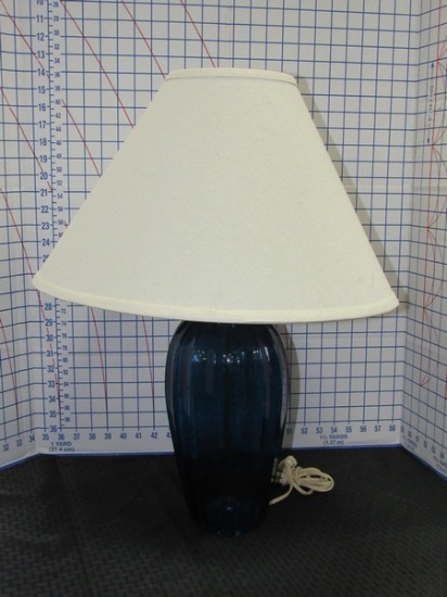 Tall Ribbed Dark Blue Glass Lamp w/White Shade