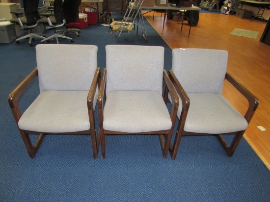 3 Grey Upholstered Chairs w/Wooden Curved Arms/Legs