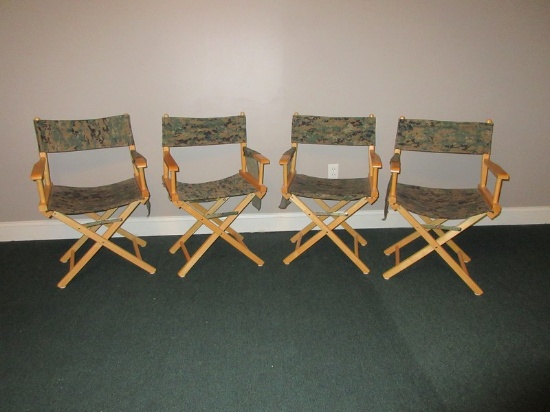 Set 4 Director Folding Chairs Natural Wood W/USMC Digital Woodland Camo Backrest/Seat