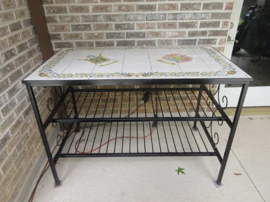 Metal Base Wine Tasting/Pub Table w/Hand-Painted Terra-Cotta Porcelain Tile Top