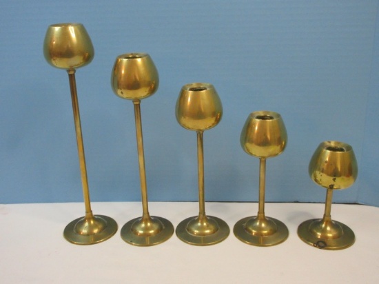 Five Pc Set Graduated Brass Tulip Midcentury Modern Design Candlesticks