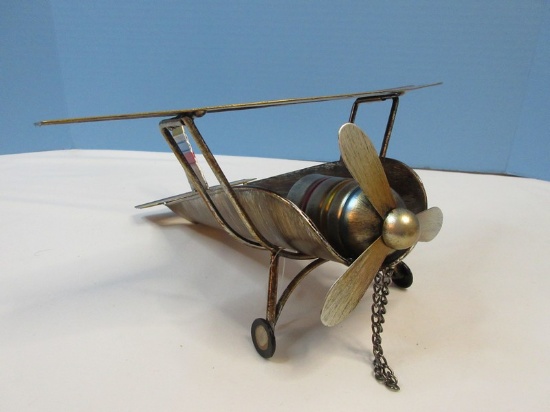 Whimsical Airplane Metal Wine Bottle Holder w/Propeller Cup