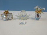 Crystal Collection Vase w/Bouquet Oval Trinket Box Multicolor Rhinestones & Lotus Flower