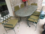 Seven Pc Metal Base Oblong Patio/Deck Table w/Cultured Marble Top & 6 Chairs w/Cushions