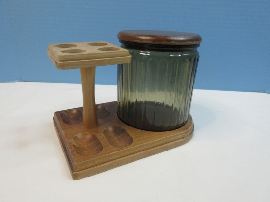 Vintage Walnut Pipe Stand with Glass Humidor Tobacco Jar and Wood Lid