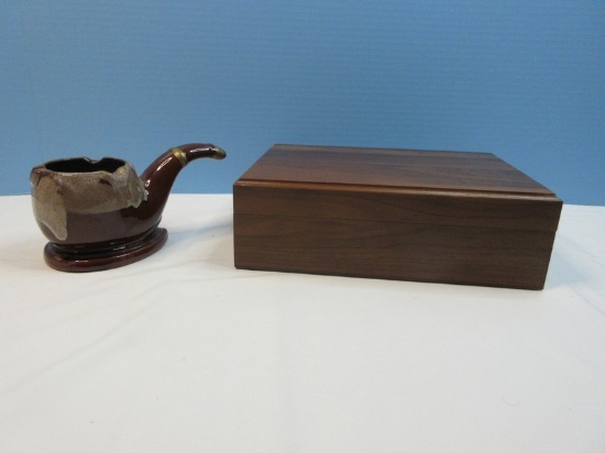 Group Walnut Cigar Humidor Hinged Lid Box, Redware Figural Pipe Ashtray Brown Drip
