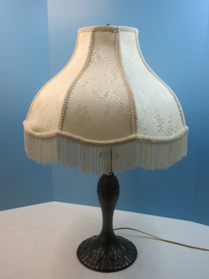 Art Nouveau Style Metal Ornate Embellished Bronze Patina 28" Lamp with Cream Scallop Dome