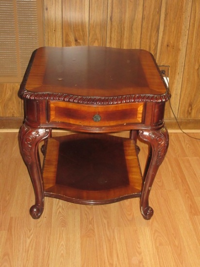 Harverty's Furniture Mahogany Finish Neoclassical Revival End Table with Drawer Bowfront