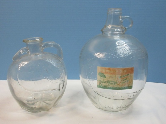 2 Vintage Pressed Glass White House Figural Apple Cider Half Gallon Jug with Relief Leaves