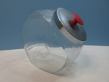 Pressed Glass Cookie/Candy Tilt Jar with Stainless Lid and Red Handle