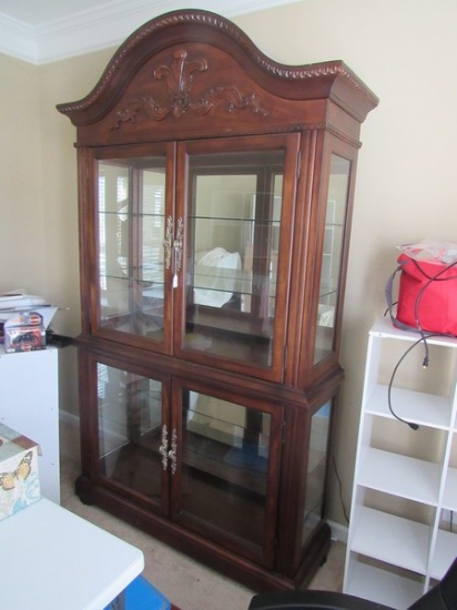 Mahogany Stained 2 Tier, 4 Door Lighted China/Curio Cabinet w/3 removable  glass shelves