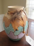 Hand Painted Indian design pottery vase w/ leather strap and feathers