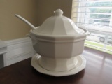 Pfaltgraff Large white soup tureen w/ ladle, lid, and Plate.