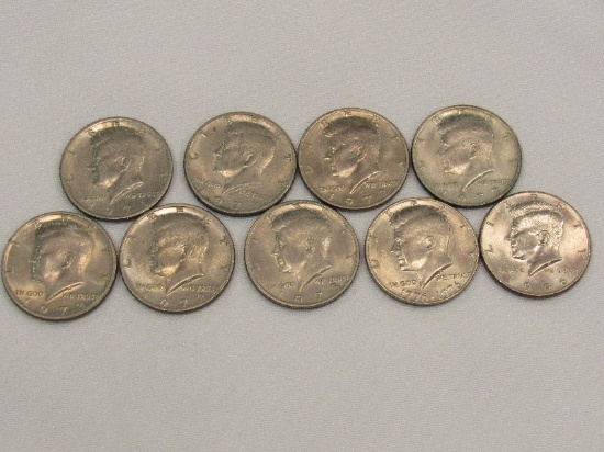 9 Kennedy Half Dollars, 2- 1971 no mint, 4- 1972-D, 1- 1973, 1-1976, 1- 1996D