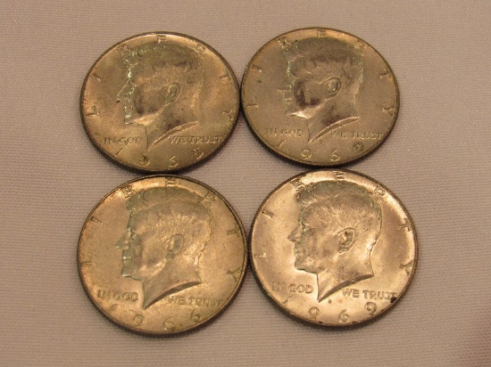 4 Kennedy Half Dollars, 1-1965, 1-1966, 2-1969