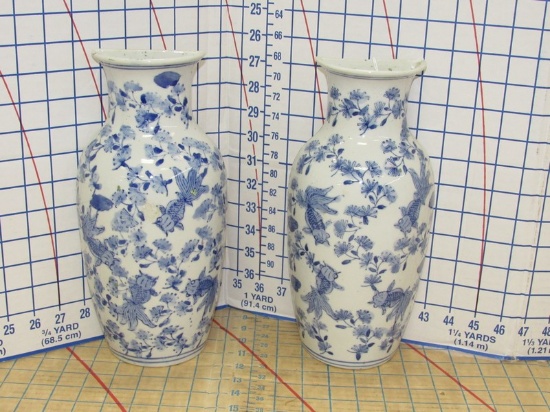 Pair - Porcelain Chinoiserie Blue/White Vase Form 12' Wall Pockets Fantail Goldfish