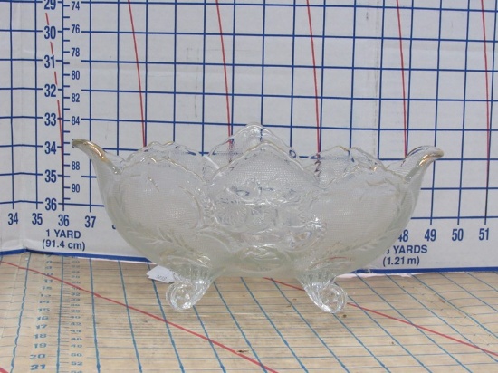 Clear Pressed Glass Chrysanthemum Sprig & Scroll Foliage Pattern 4 Toed Console Oval Bowl